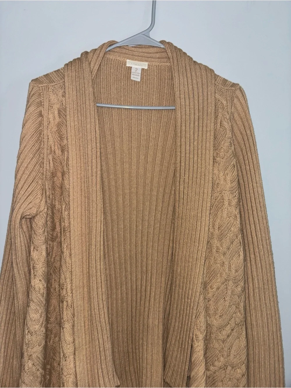 👢Chicos Women's Tan Open-Front Rib & Cable Knit Cardigan